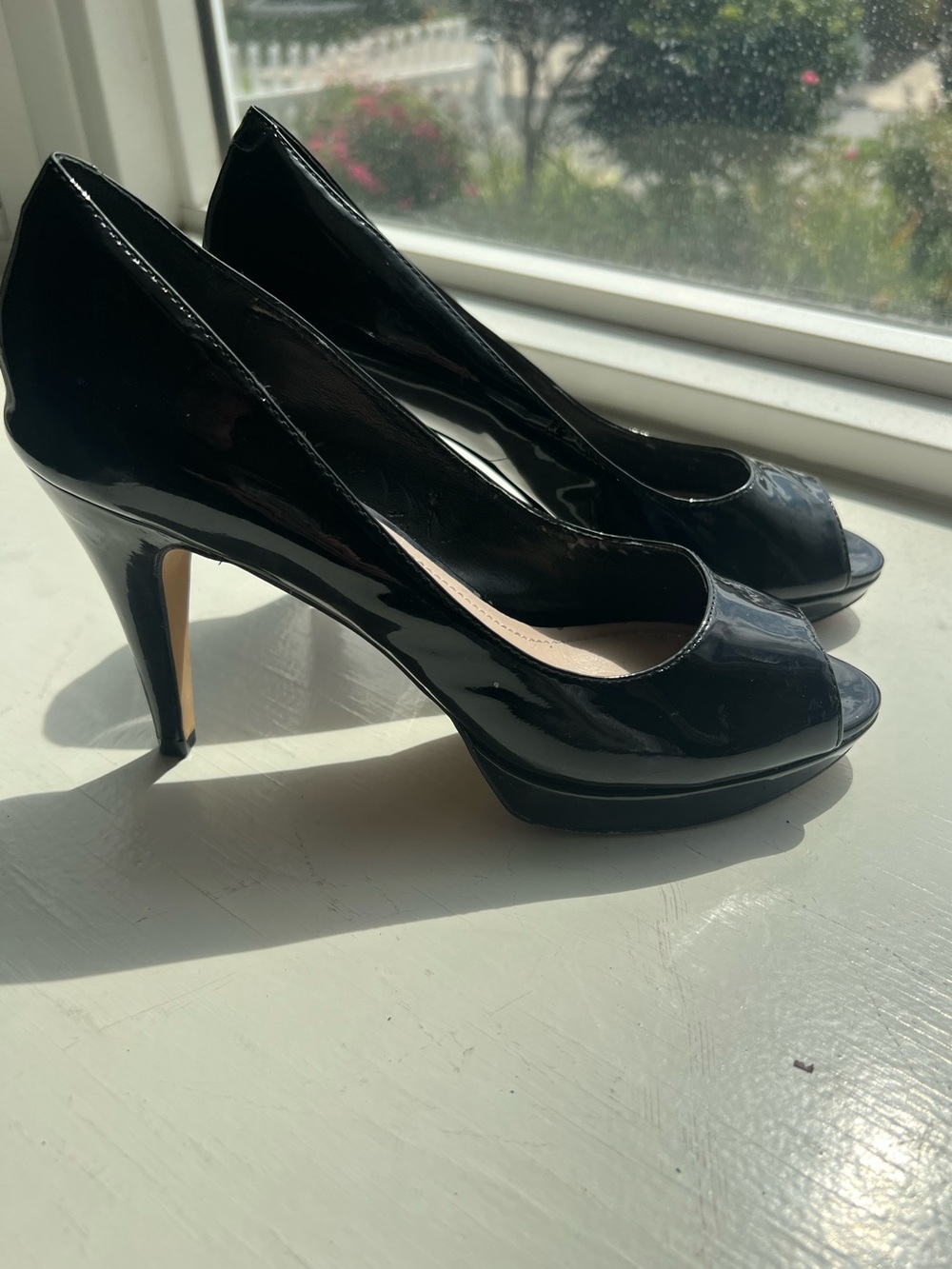 Vince Camuto Black Patent Peep-Toe Platforms, 7.5